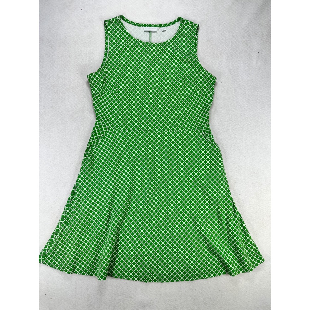 New York & Company Green White Geometric Lattice A-Line Cotton Dress Large L